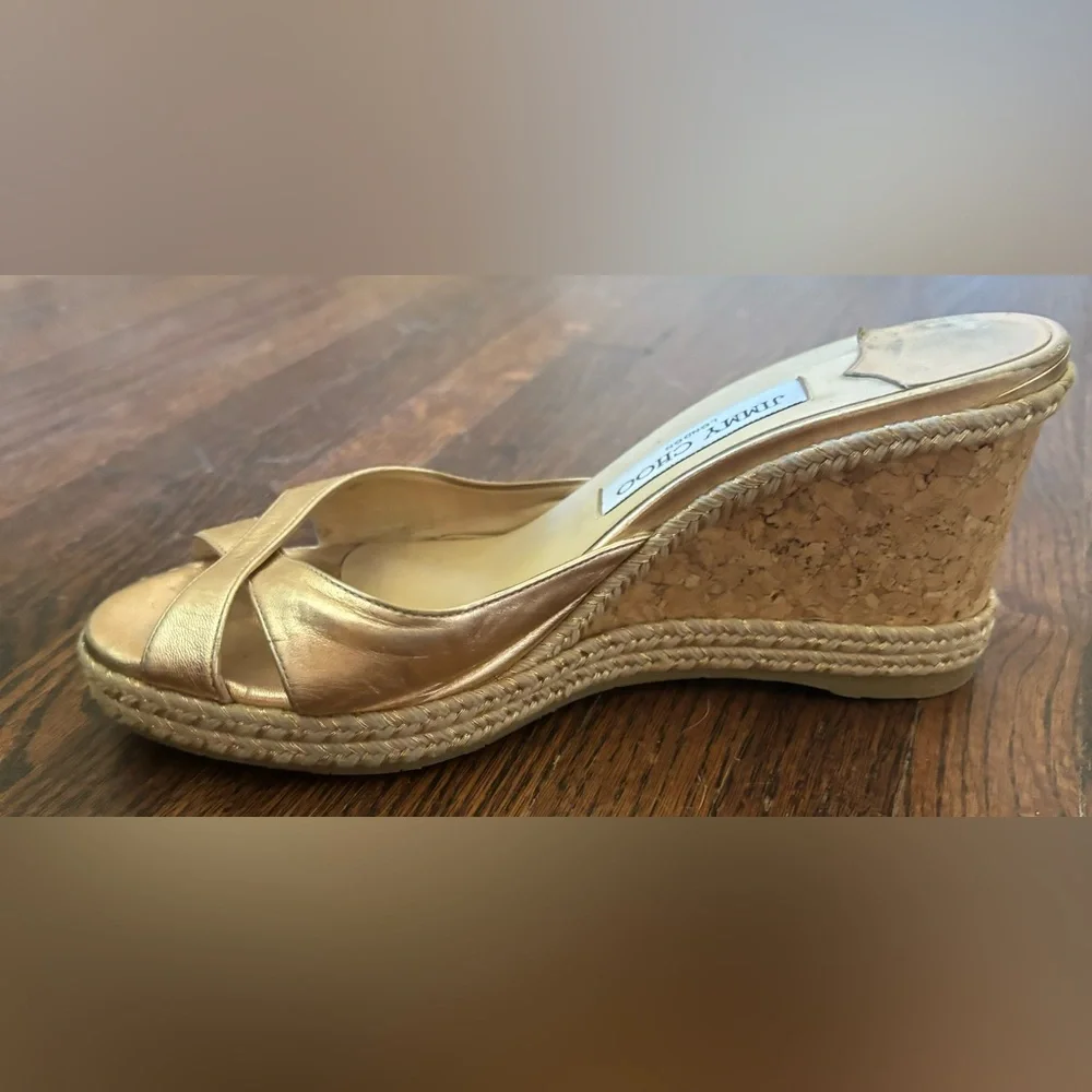 Jimmy Choo Almer Metallic Nappa Leather Wedges Braid Trim in gold, Size 38.5